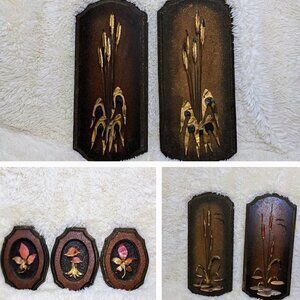 Vintage MCM Brass Bulrush Cattails, Leaves, Mushroom Wood Wall Plaques (7)